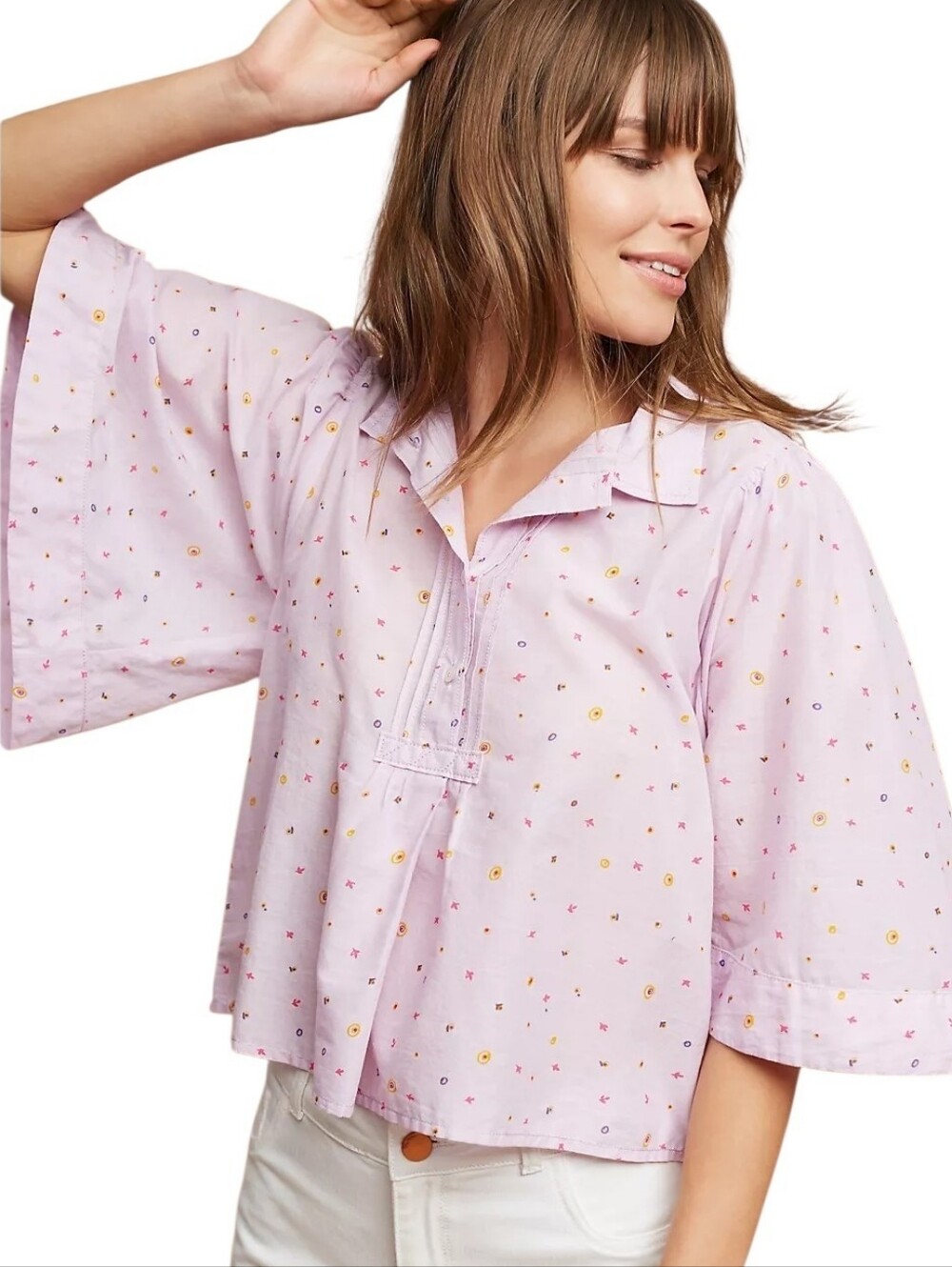 Maeve Anthropologie Eliot Printed Popover Blouse Bell Sleeve Pink